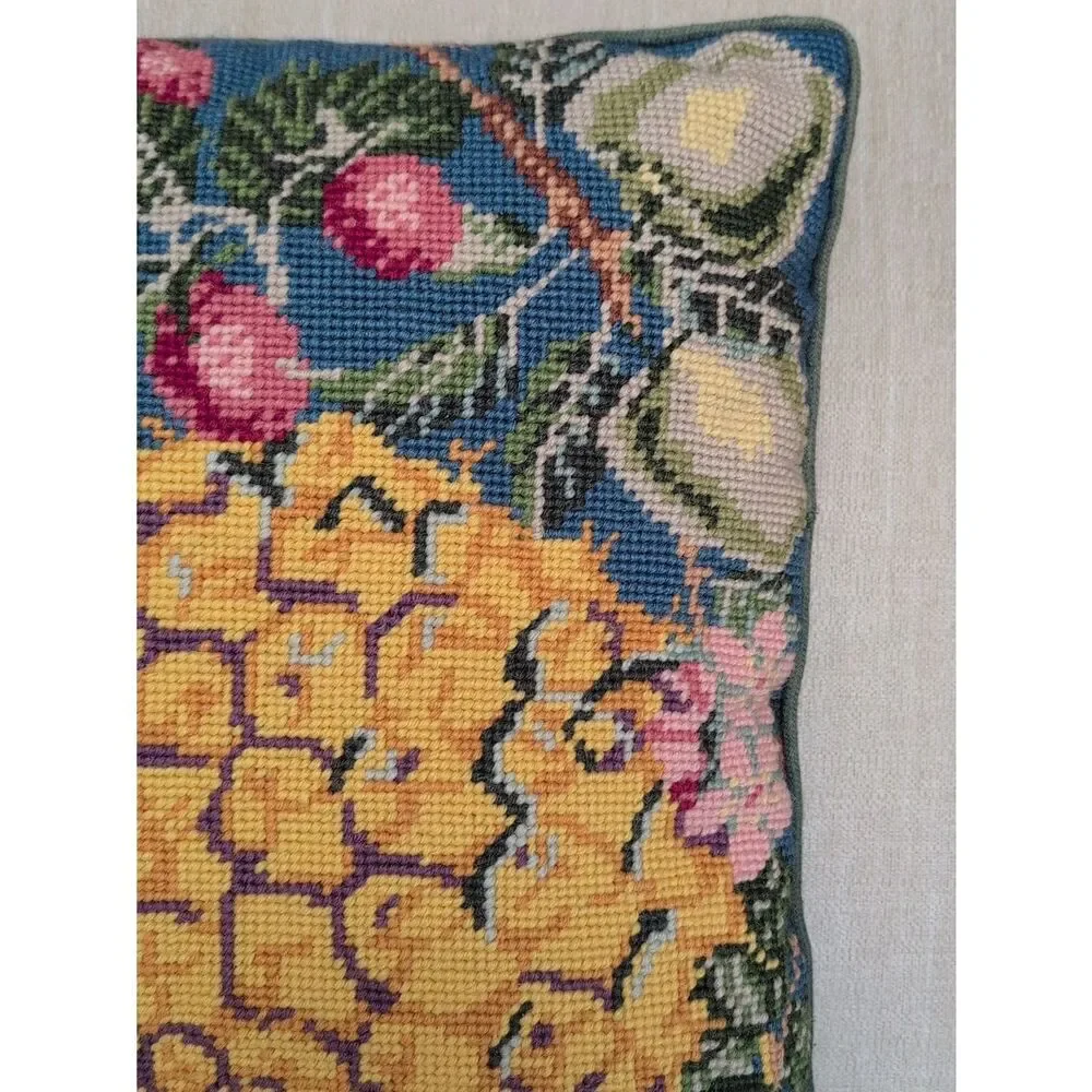 Handmade Fruit Needlepoint Pillow - Blue Background Yellow Pineapple Vintage